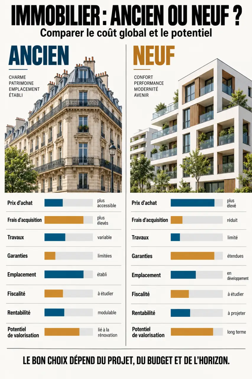 Infographie comparative sur l’investissement immobilier ancien et neuf et le coût global