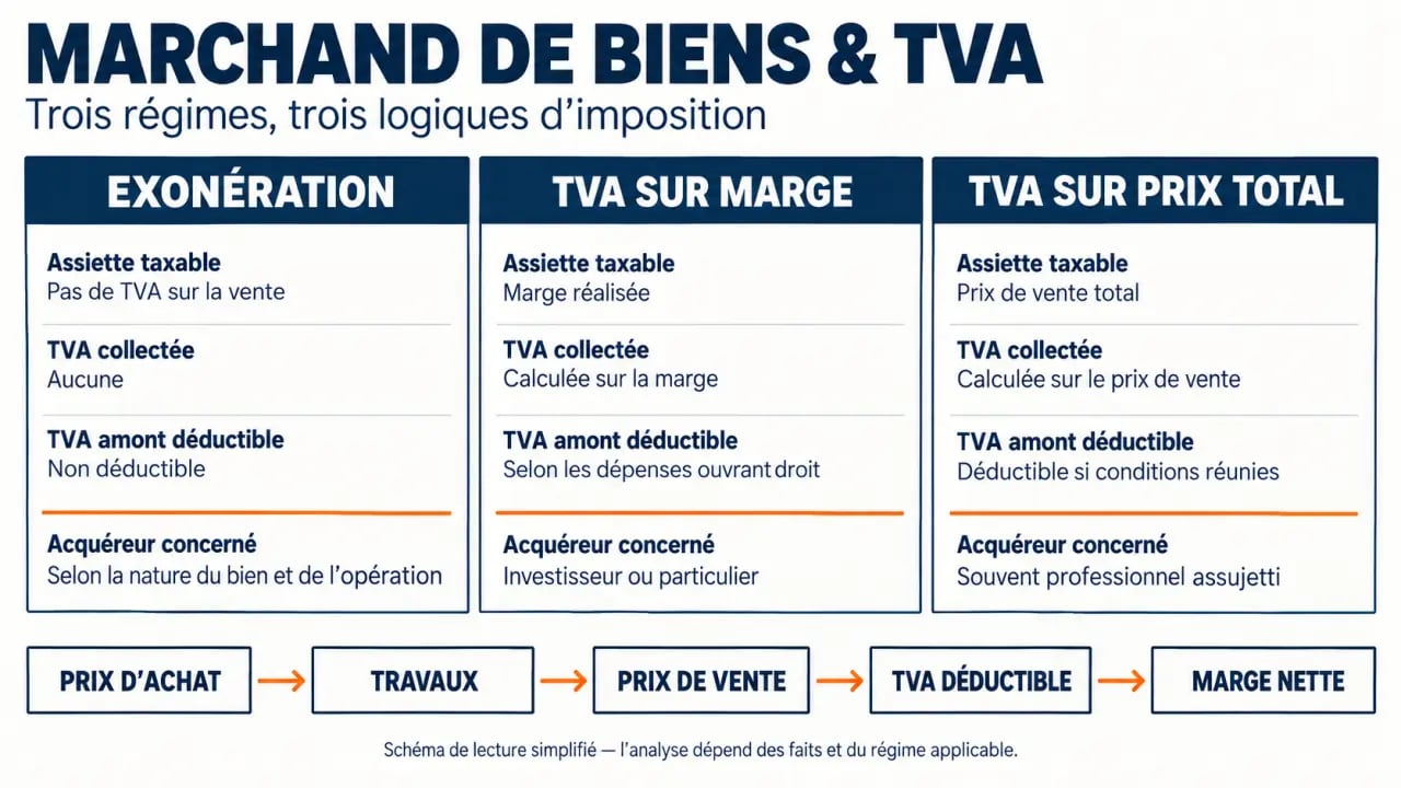 Marchand de biens et TVA : comparaison entre exonération, TVA sur marge et TVA sur prix total
