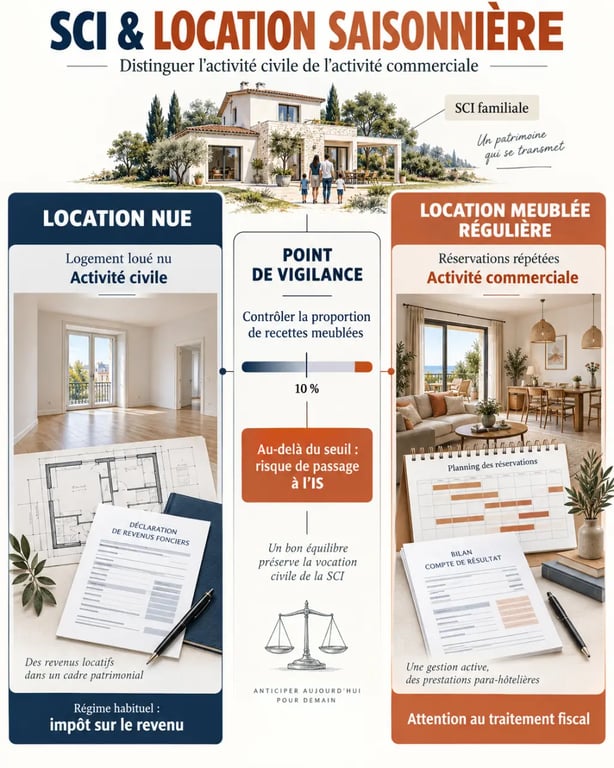 Infographie sur la SCI location saisonnière, la location meublée et le risque d'assujettissement à l'IS