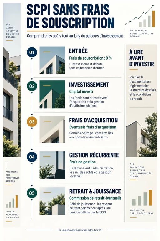 SCPI sans frais : infographie sur les frais de souscription, de gestion et de retrait