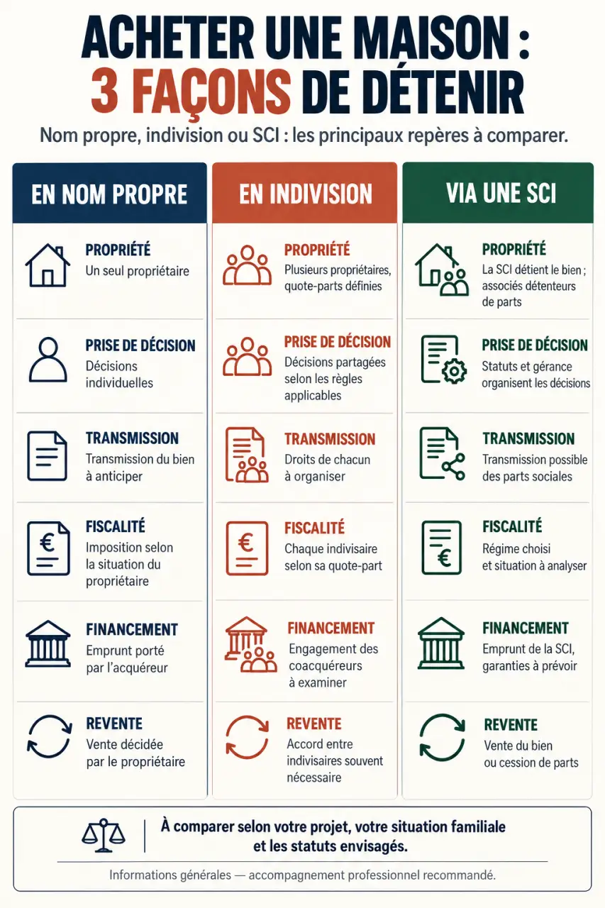 Infographie comparative sur une SCI pour acheter une maison, l'achat en nom propre et l'indivision