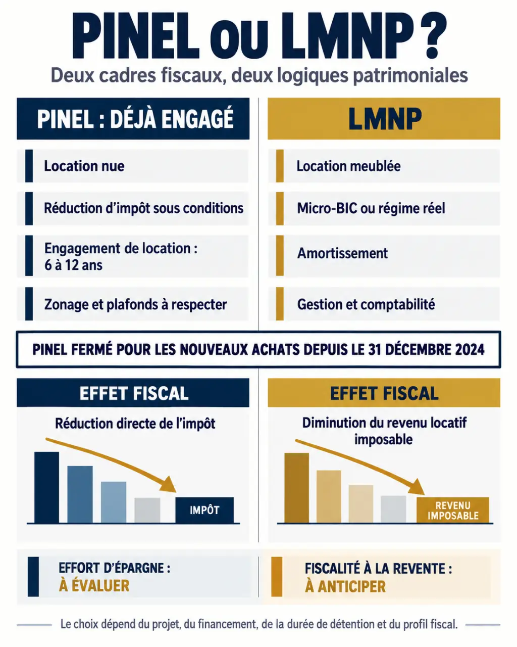 Infographie comparative Pinel ou LMNP avec fiscalité, contraintes et effort d’épargne