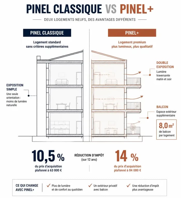 Infographie illustrant la différence entre Pinel et Pinel+ : surfaces, balcon et double exposition