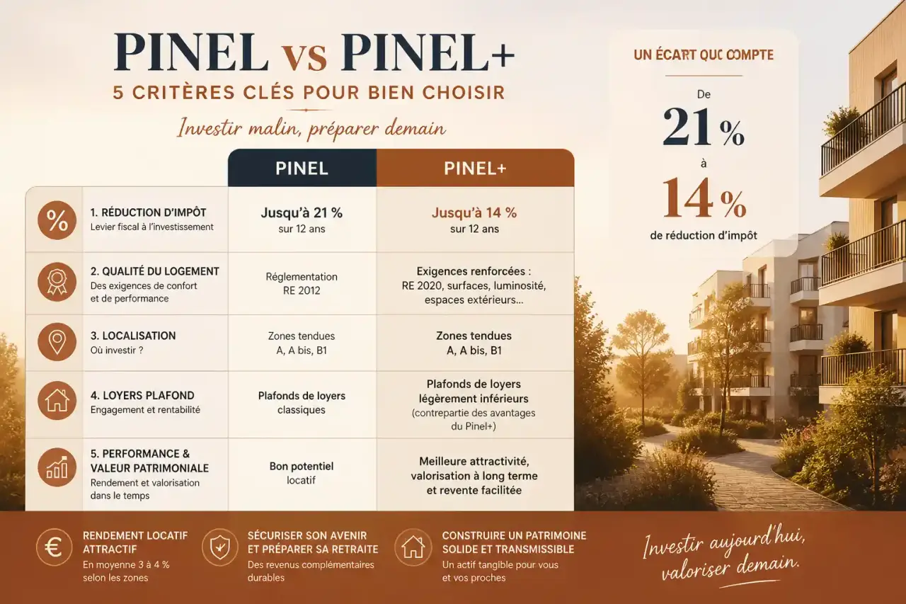 Différence entre Pinel et Pinel+ : 5 critères, un écart de 21 % à 14 % de réduction d'impôt