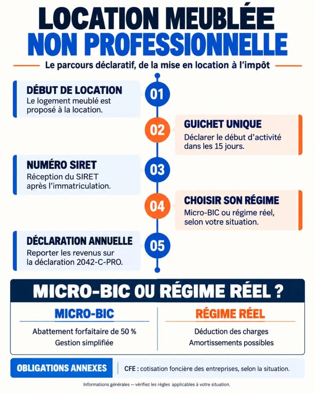 Infographie du parcours de déclaration location meublée non professionnelle, du SIRET à la 2042-C-PRO