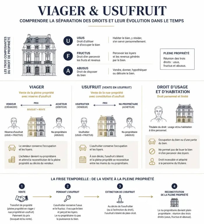 Infographie comparative sur le viager et usufruit, la nue-propriété et le droit d'usage et d'habitation