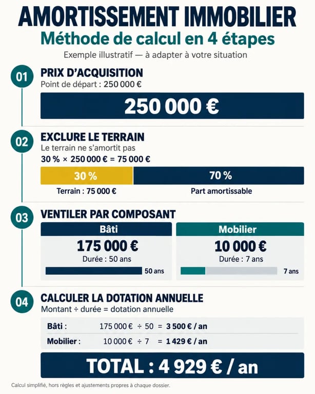 Immobilier amortissement : schéma du calcul de la dotation annuelle avec terrain, bâti et mobilier
