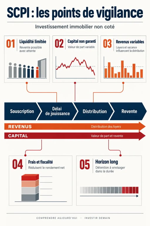 Infographie sur les principaux inconvénients des SCPI : liquidité, capital, revenus, frais, fiscalité et horizon de détention